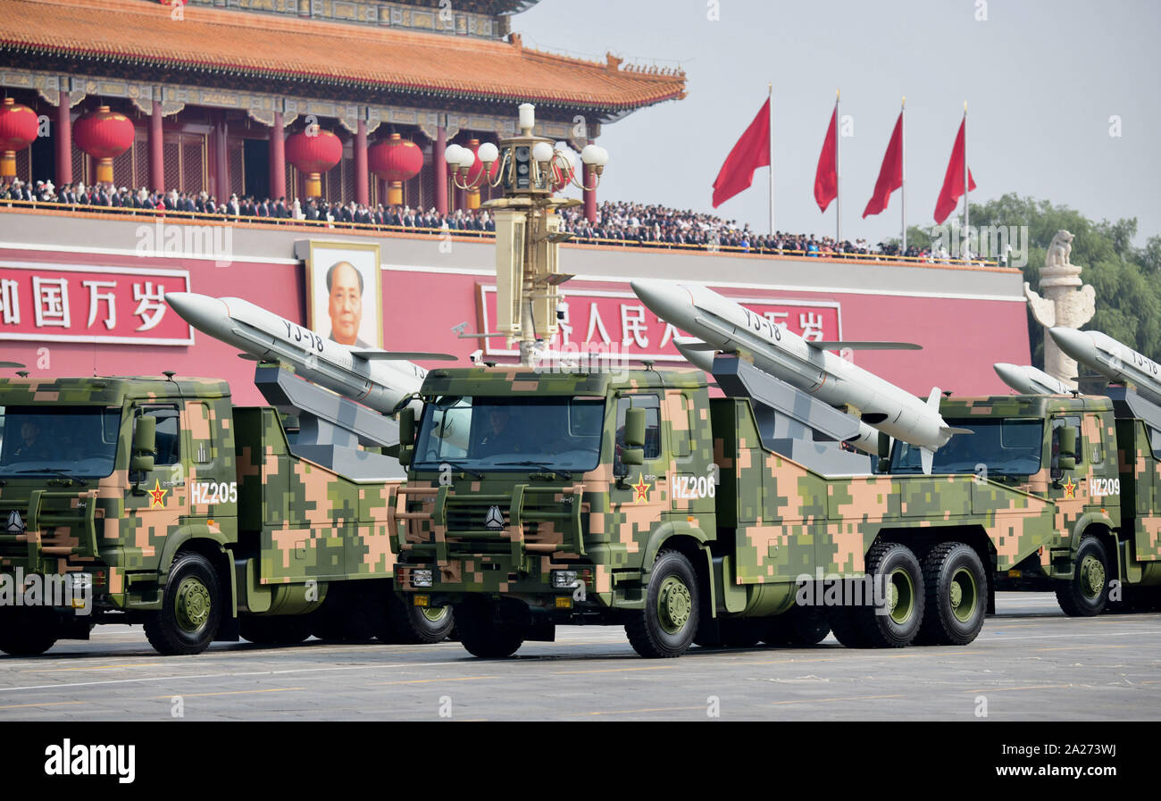 Beijing, China. 01st Oct, 2019. The People's Liberation Army display their anti-ship and land attack cruise missile YJ-18 during a military parade in front of the Tiananmen Gate during a military parade to celebrate the 70th anniversary of the People's Republic of China in Beijing on October 1, 2019. Photo by Tom Walker/UPI Credit: UPI/Alamy Live News Stock Photo