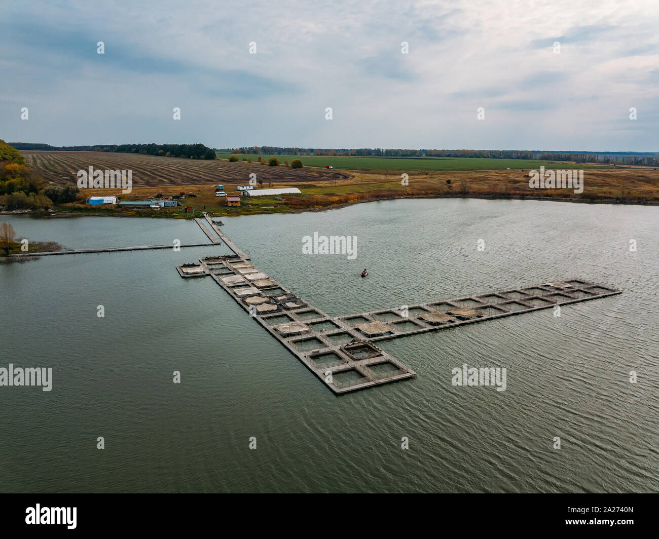 Farm for breeding fish, drone aerial view. Stock Photo