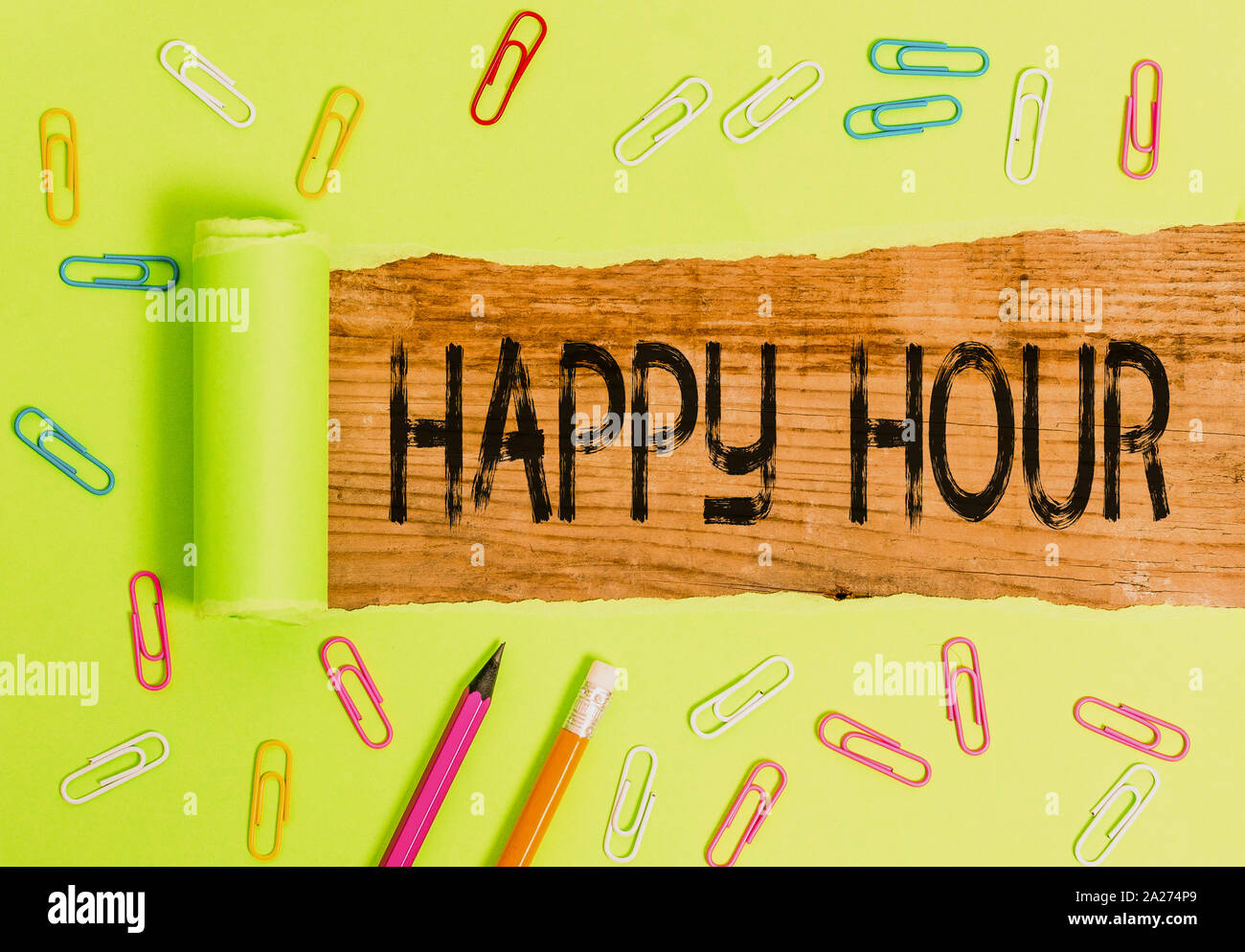 Conceptual hand writing showing Happy Hour. Concept meaning Spending time for activities that makes you relax for a while Stock Photo