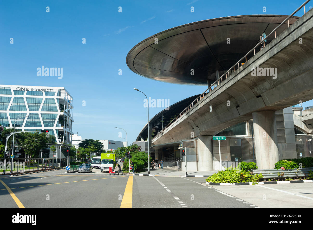 24.05.2019, Singapore, , Singapore - Exterior view of the Expo stop of the MRT Stadtbahn. The station was designed by the British architect Sir Norman Stock Photo