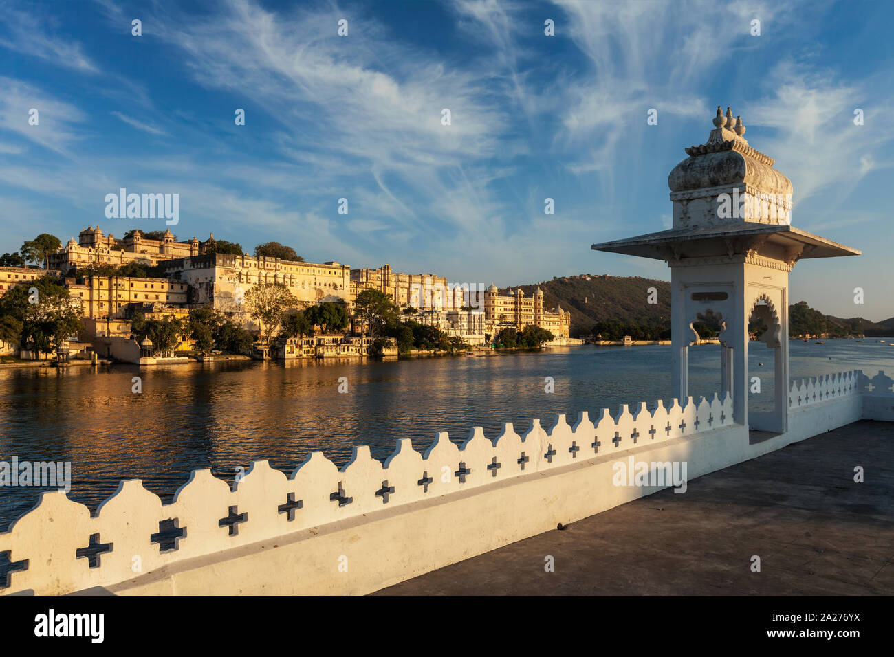 City Palace view from the lake. Udaipur, Rajasthan, India Stock Photo