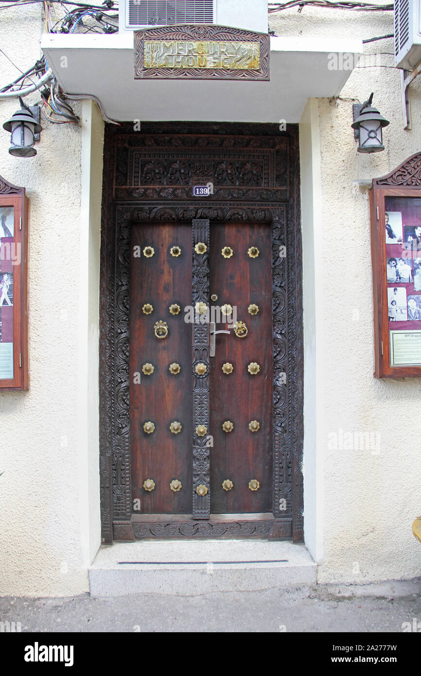 Front door of the mercury house, birth town and house of Freddie Mercury, Stone Town (his birthplace), Zanzibar, Unguja island, Tanzania. Stock Photo