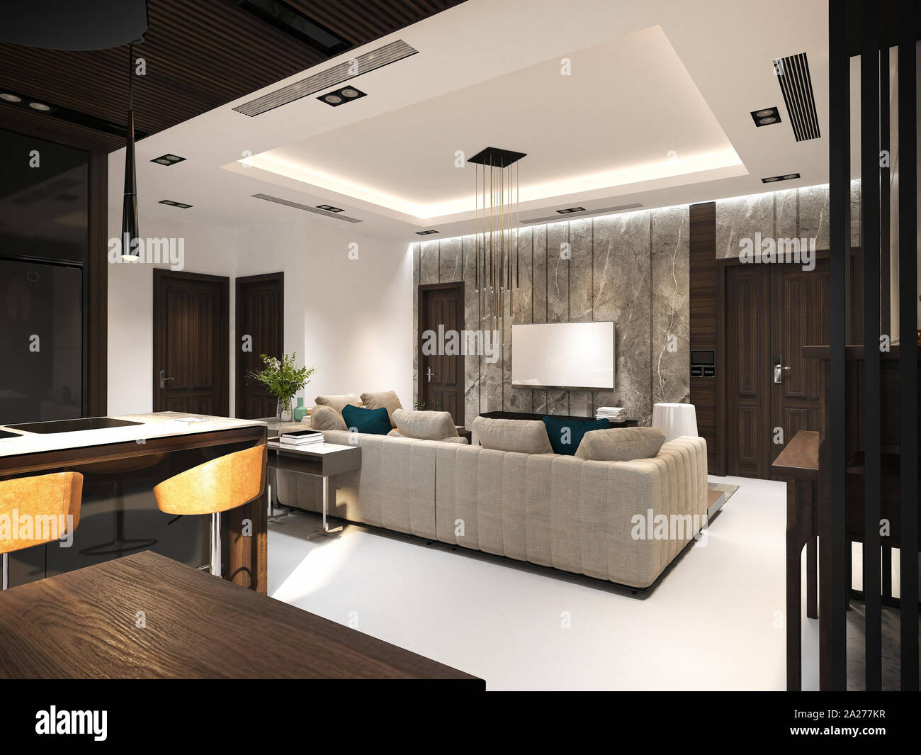 3d render modern living and dining room Stock Photo - Alamy