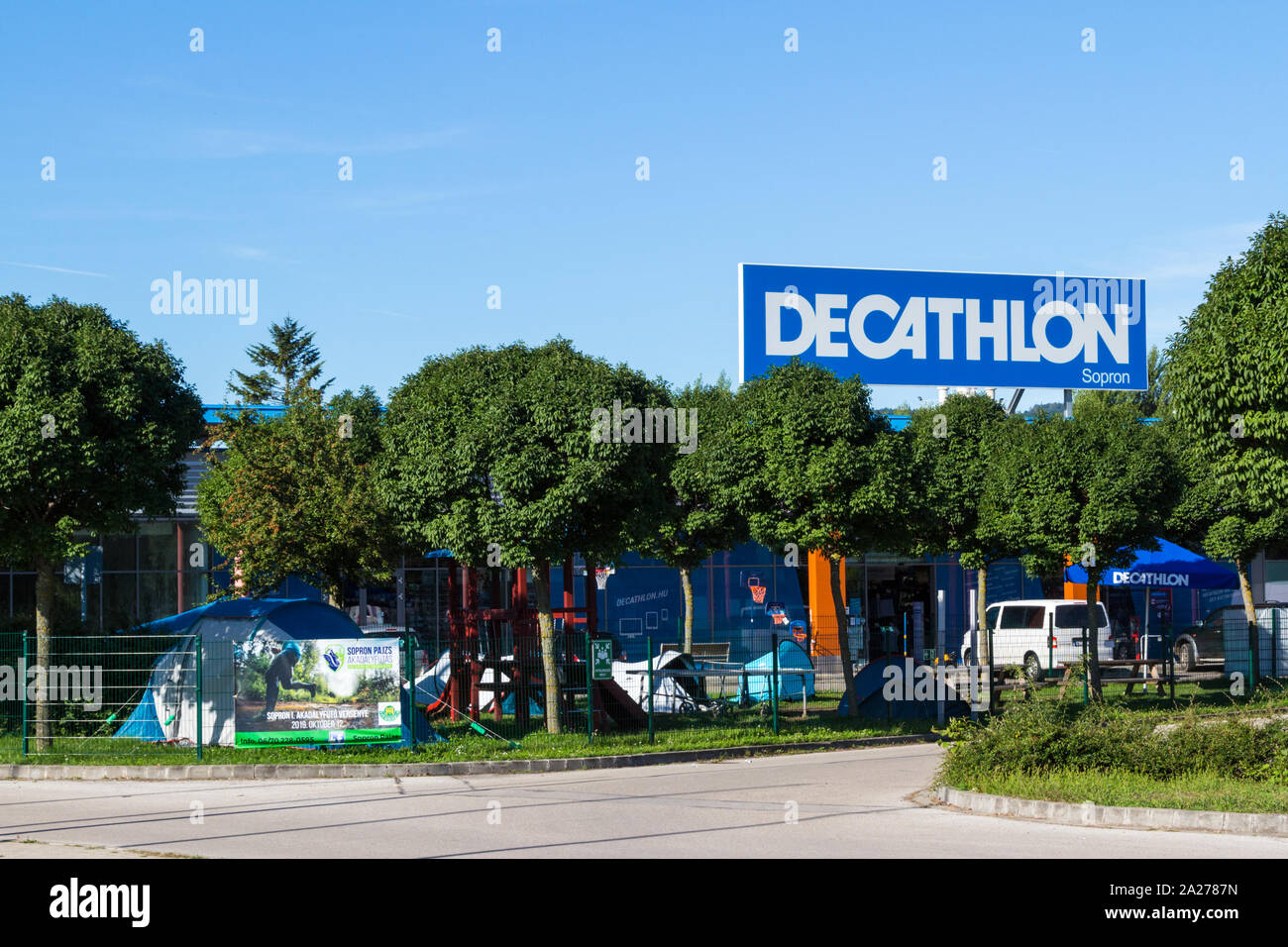 Decathlon sport sports retail store shop sign and tents for testing in  Sopron, Hungary Stock Photo - Alamy