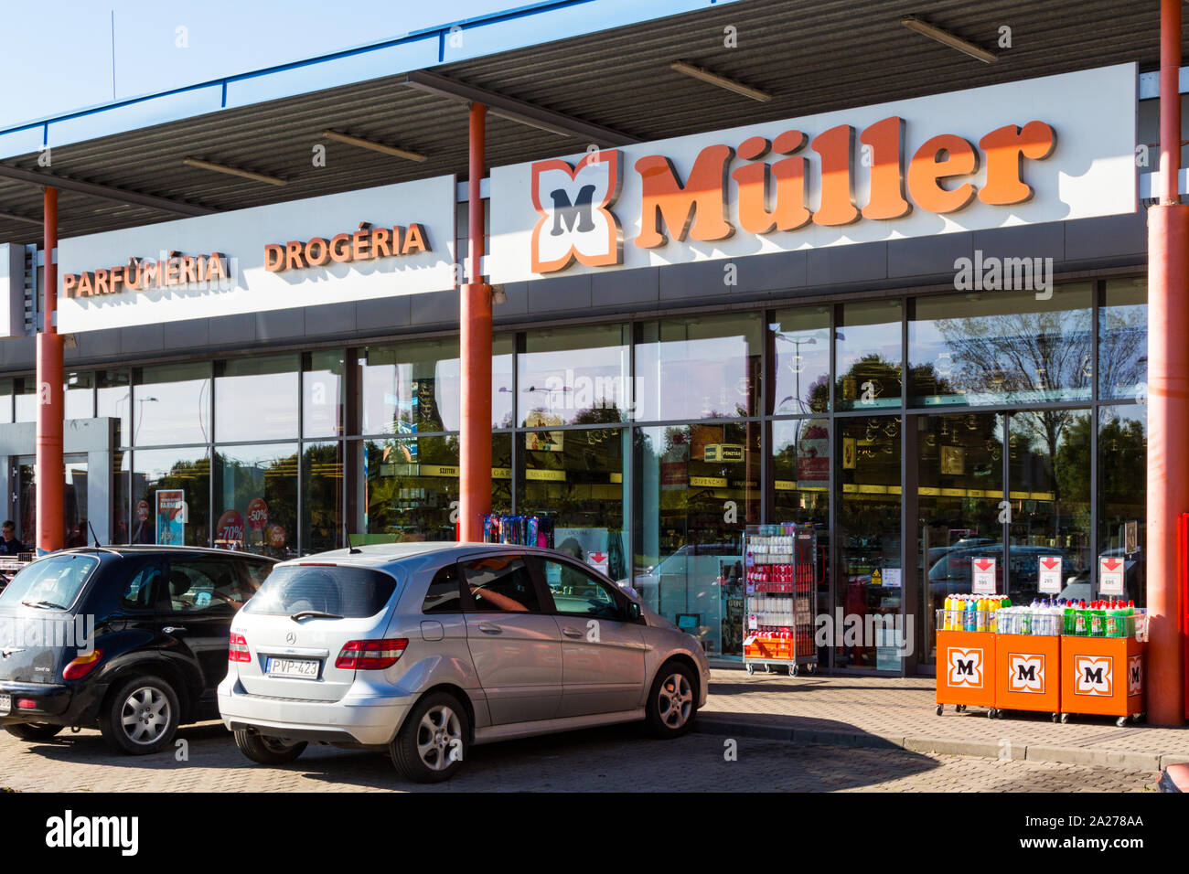 Müller Mueller drugs parfume toys and stationery shop store front facade in Family Center, Sopron, Hungary Stock Photo