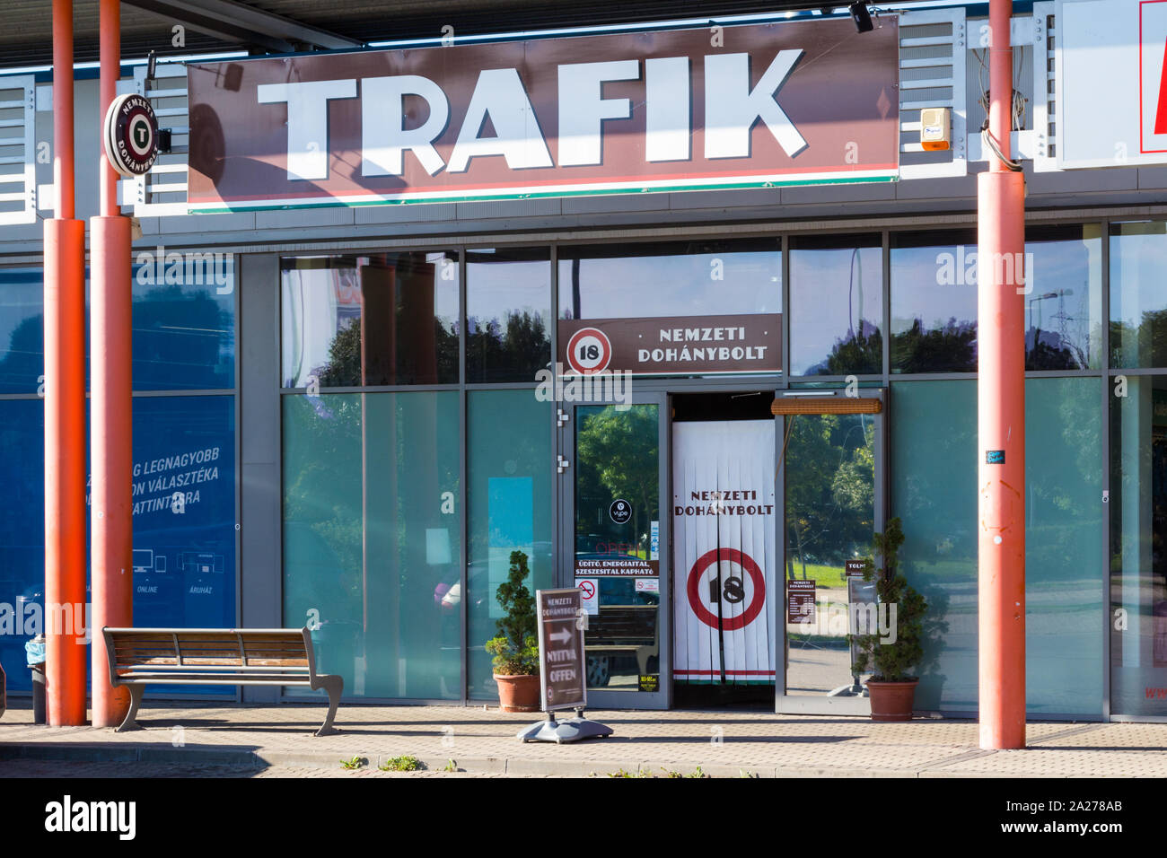 Tobacco shop front 'Nemzeti dohanybolt' with 18 age limit sign, Sopron, Hungary Stock Photo