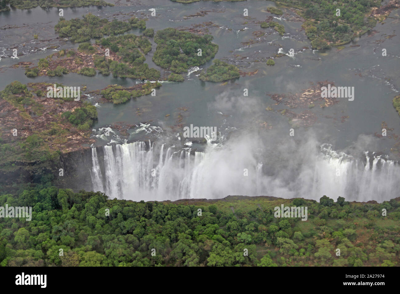 Aerial view of Victoria Falls from the Zimbabwean side, Zambezi River, Zimbabwe/Zambia border. Stock Photo