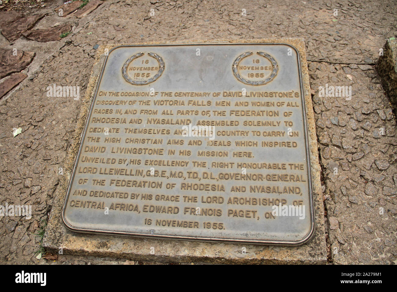 Memorial plaque written under the Statue of David Livingstone, commemorating his work, Mosi-Oa-Tunya National Park, Victoria Falls, Zimbabwe. Stock Photo