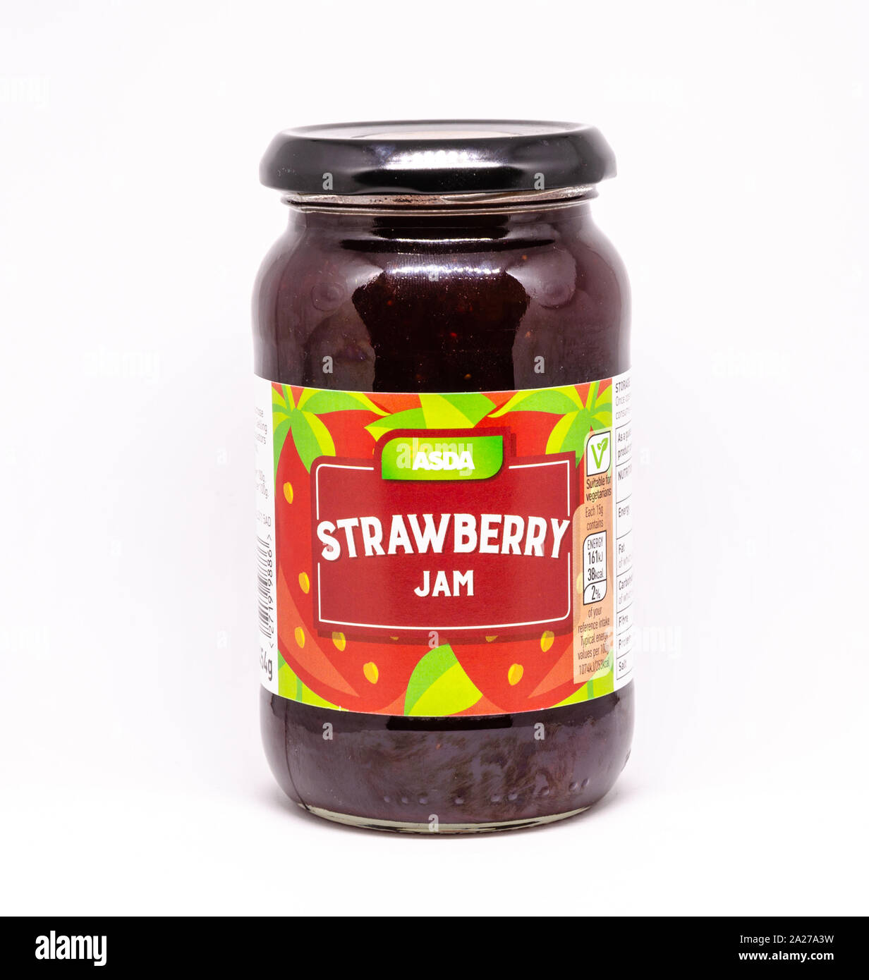 A jar of Asda's own brand strawberry jam pictured against a white
