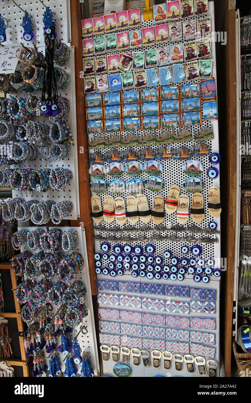 Stickers, lucky evil-eye bracelets and other religious items in gift shop, Istanbul, Turkey. Stock Photo