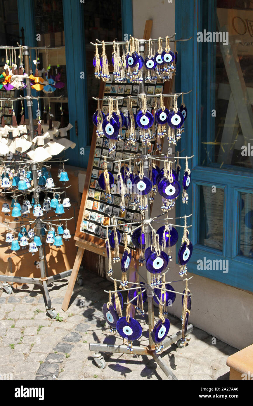 Evil-eye protection taslimans and other keyrings for sale outside shop, Istanbul, Turkey. Stock Photo