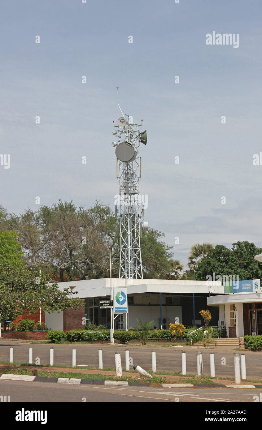 Western union and wifi microwave tower, Zimbabwe. Stock Photo