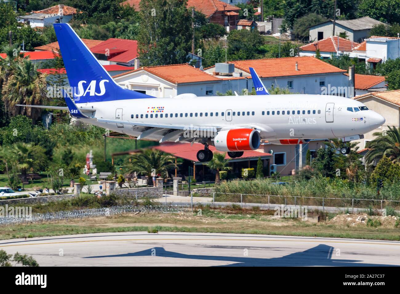 Skiathos, Greece – July 27, 2019: SAS - Scandinavian Airlines Boeing 737-700 at Skiathos airport (JSI) in Greece. | usage worldwide Stock Photo