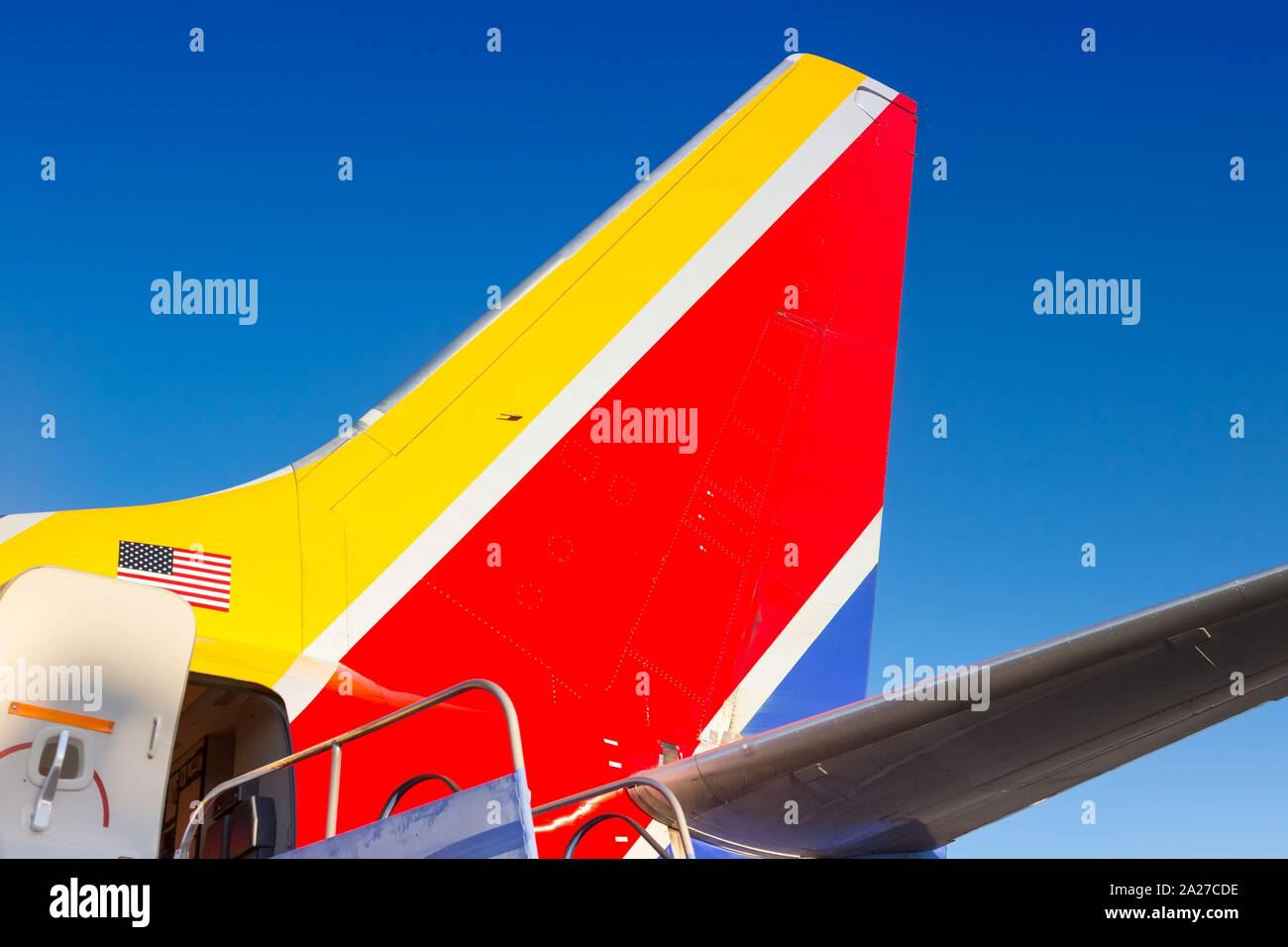 Burbank, California – April 10, 2019: Tail of a Southwest Airlines Boeing 737-700 airplane at Burbank airport (BUR) in California. | usage worldwide Stock Photo