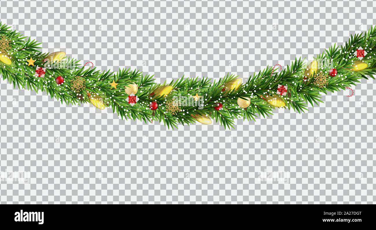 Wide Christmas border garland fromf fir branches, balls, pine cones and other ornaments, isolated on transparent background. Vector Illustration Stock Vector