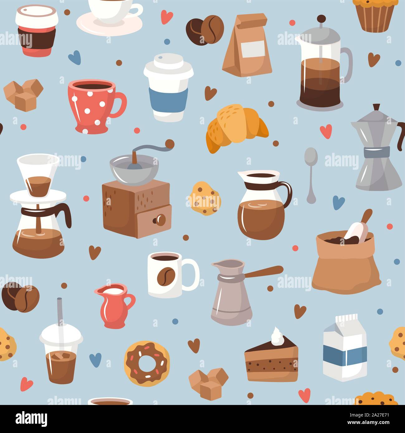 https://c8.alamy.com/comp/2A27E71/coffee-pattern-different-coffee-elements-cute-cartoon-icons-in-hand-drawn-style-on-blue-background-vector-illustration-2A27E71.jpg