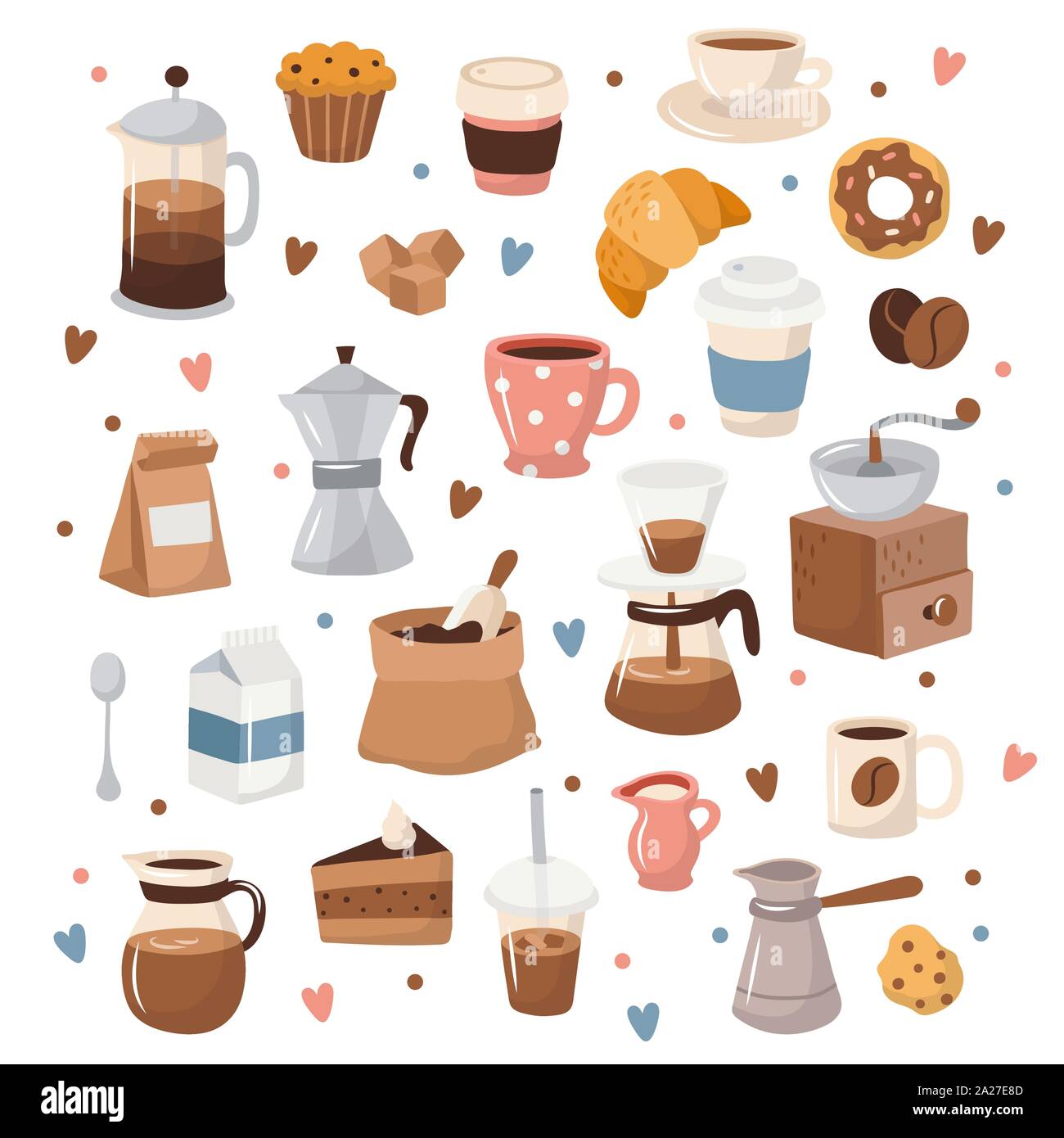 Coffee collection, different coffee elements with lettering. Cute