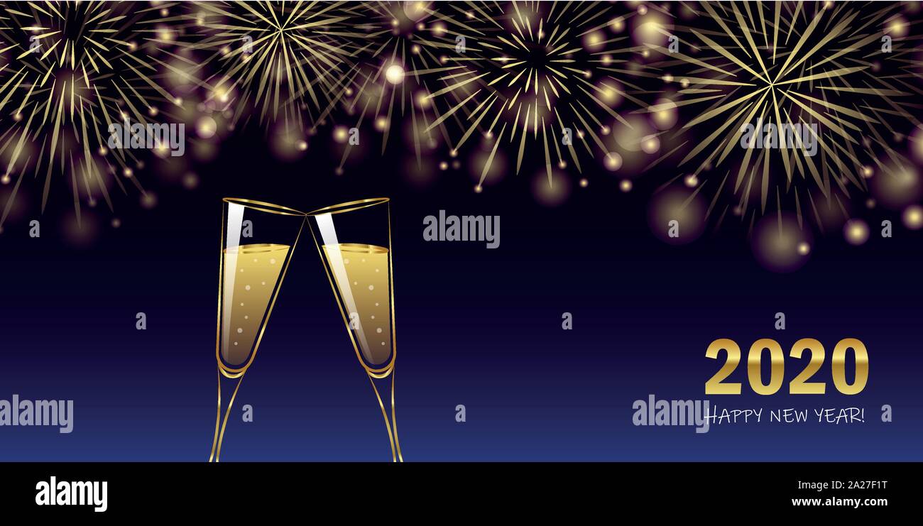 happy new year 2020 golden firework and champagne glasses greeting card vector illustration EPS10 Stock Vector