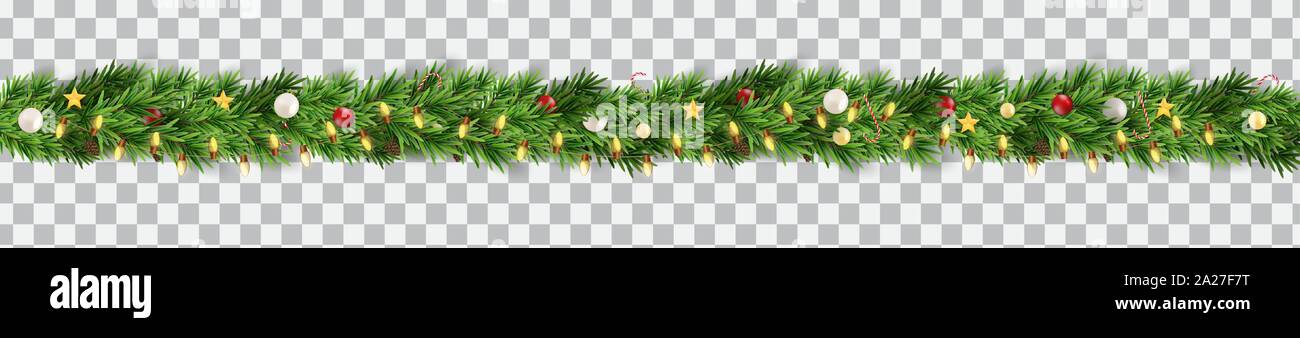 Wide Christmas border garland fromf fir branches, balls, pine cones and other ornaments, isolated on transparent background. Vector Illustration Stock Vector