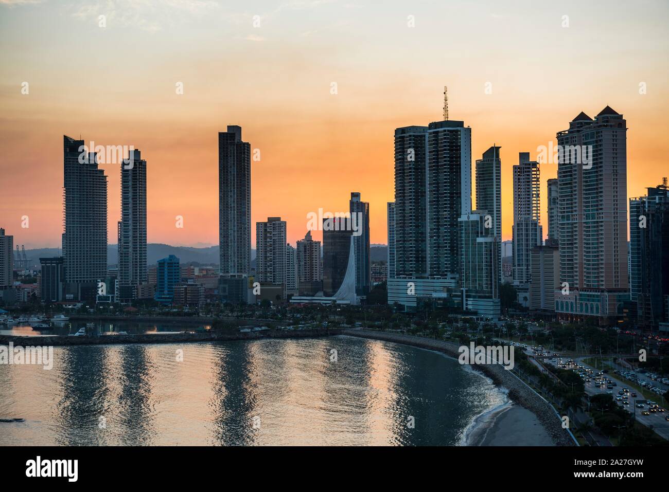 The skyline after sunset, Panama city, Panama Stock Photo