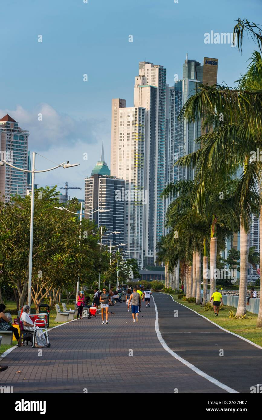 Walkway before the skyline of Panama city, Panama Stock Photo