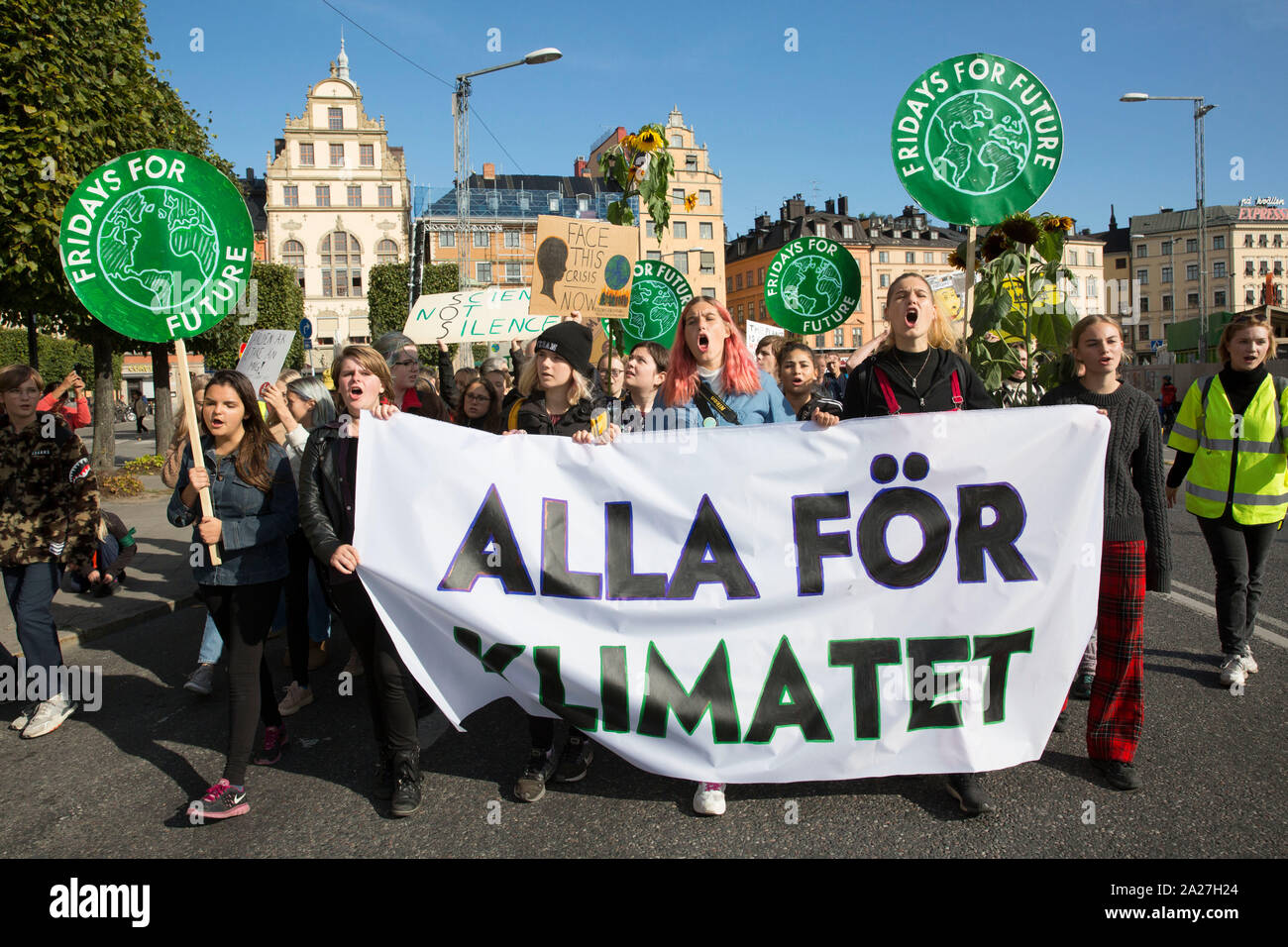 School Strike for Climate, Skolstrejk För Klimatet (School Strike For The Climate) inspired by 16 year old climate activist Great Thunberg, Stockholm. Stock Photo