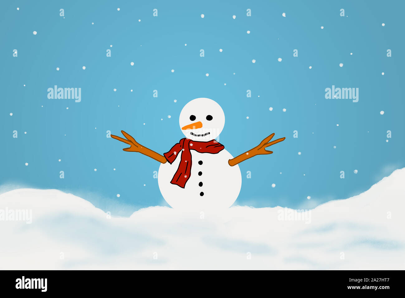Snowman is celebrating the New year tree on snow with open sky. Stock Photo