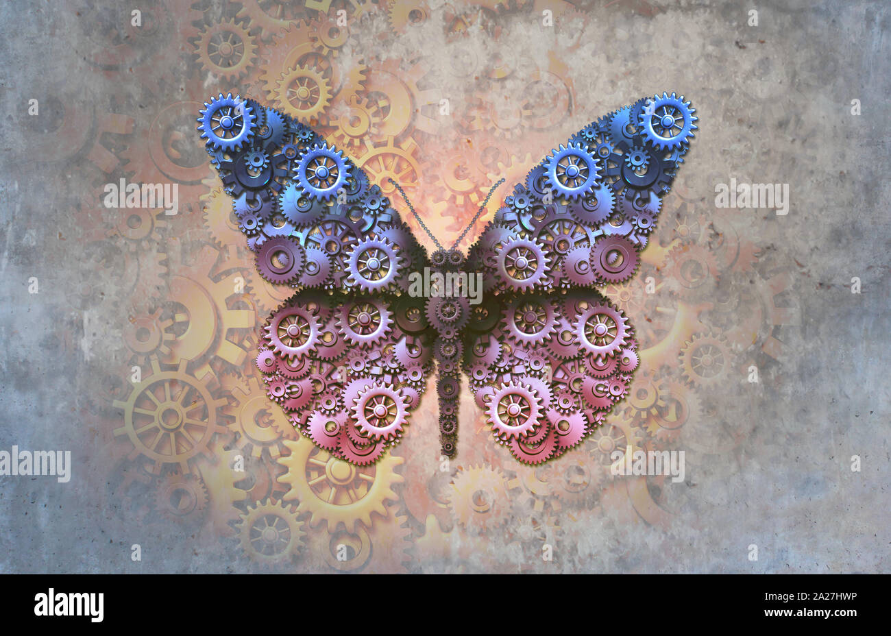 Steampunk butterfly as a steam punk insect with open wings made of gears and cog wheels as an abstract mechanical engineering  or science fiction vin Stock Photo