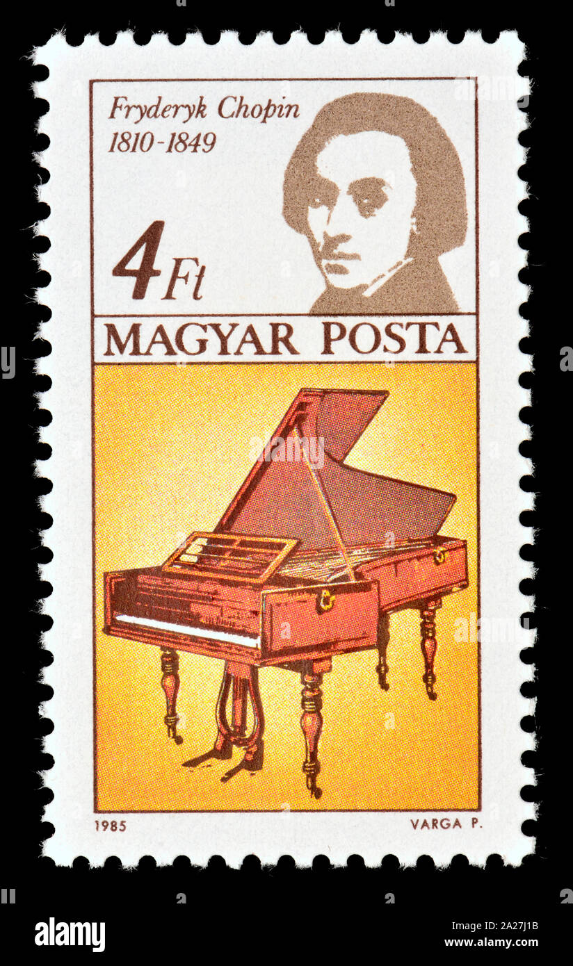 Hungarian postage stamp (1985 - International Year of Music) - Frederic Chopin (Fryderyk Franciszek Chopin: 1810-1849) Polish composer Stock Photo