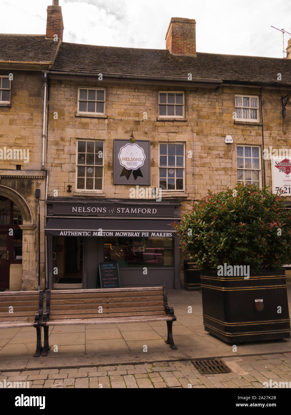 Nelsons Butchers in Red Lion Square  who make Authentic Melton Mowbray Pies Stamford Lincolnshire Eastern England UK Stock Photo