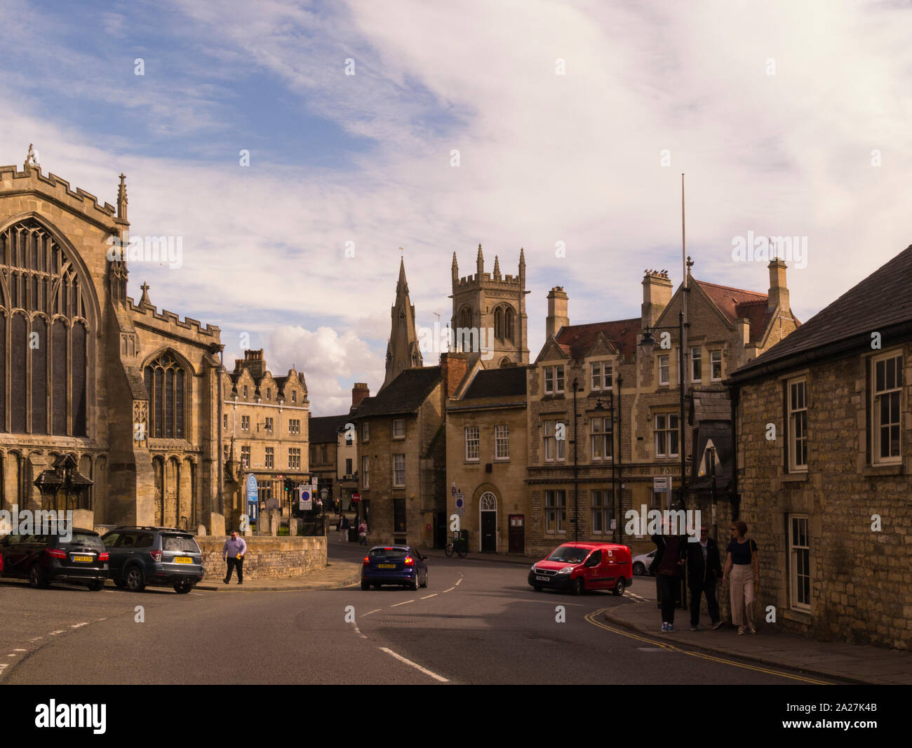 View across Red Lion Square showing three parish churches Stamford Lincolnshire Eastern England UK on a lovely September day a popular film location Stock Photo