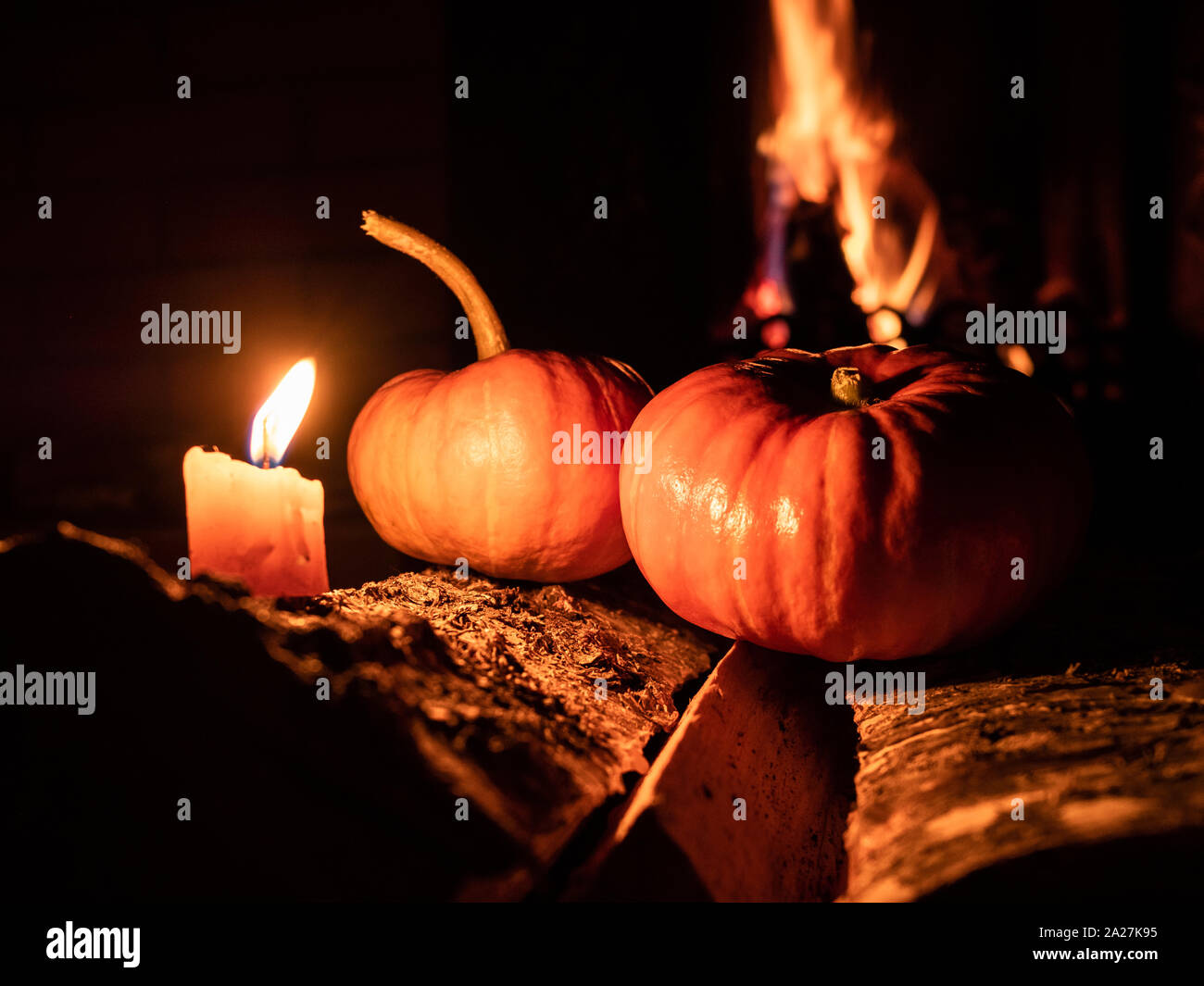 Two Halloween Pumpkins Standing In The Dark On Birch Logs