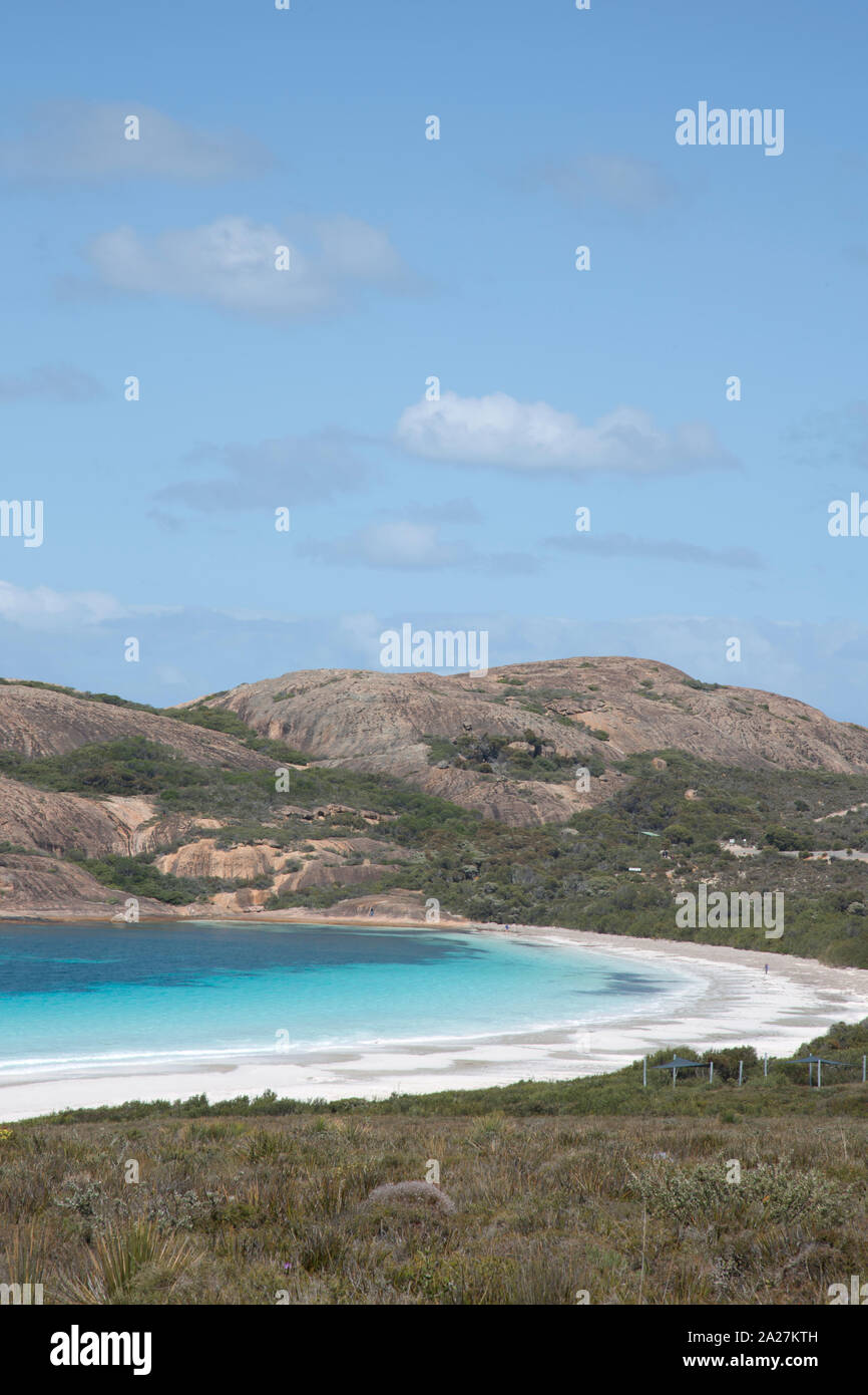 Vertical photograph of wild Thistle Cove with its white sand and turquoise water in Cape LeGrand National Park in Western Australia. Stock Photo