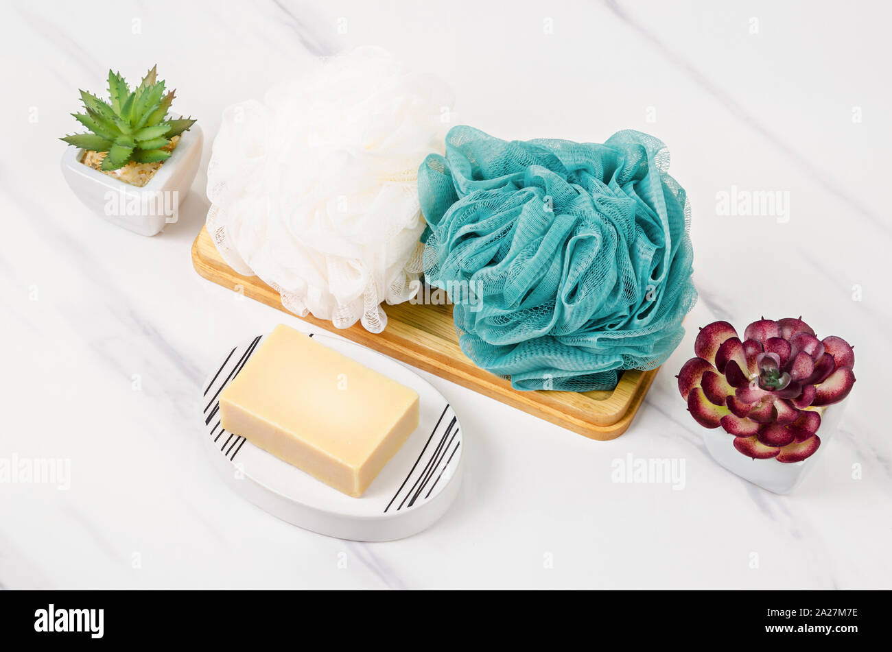 Shower sponge and herb soap inside a bright bathroom background Stock