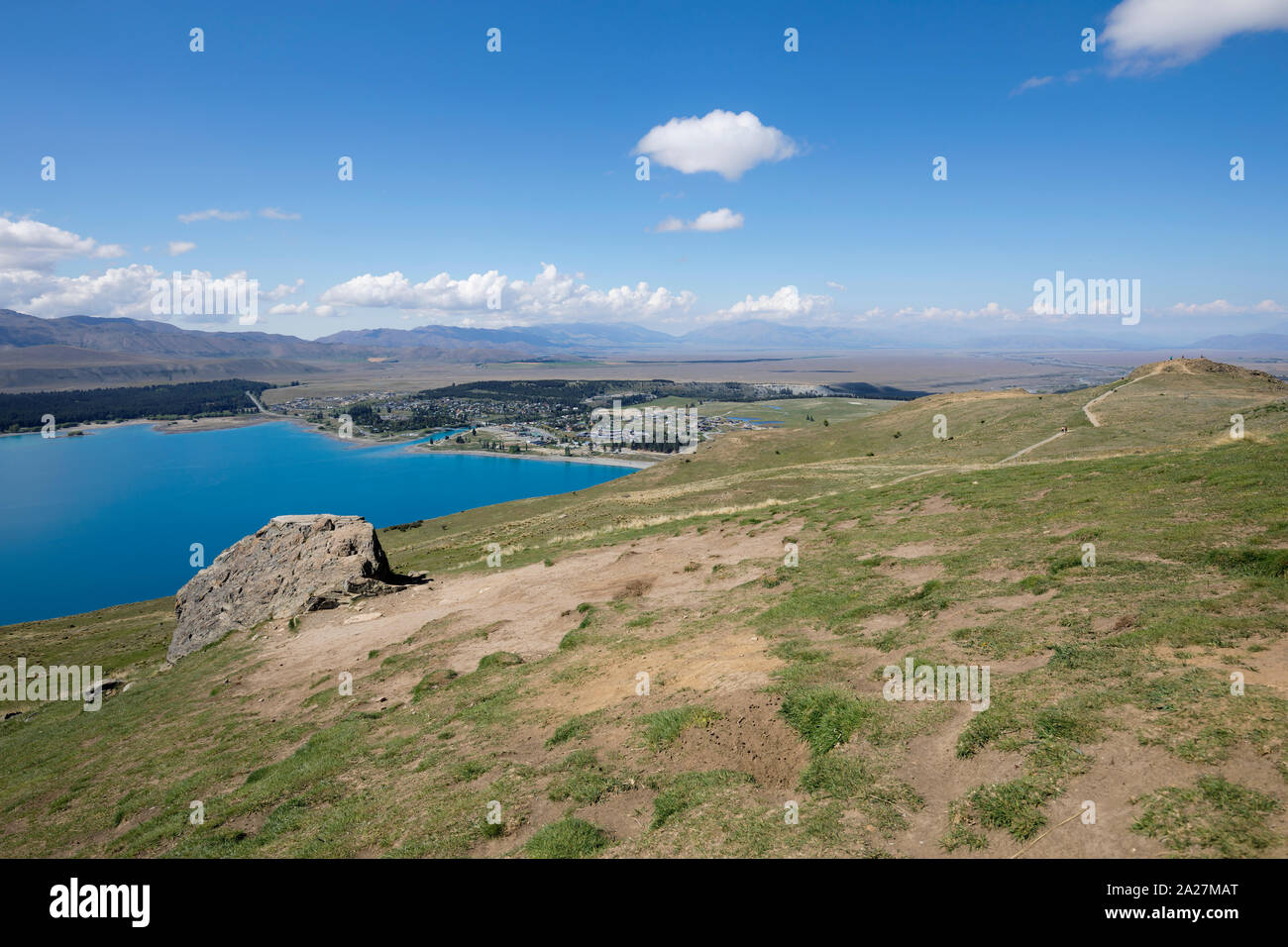 Panoramic view of the town Lake Tekapo and observatory in the South Island of New Zealand Stock Photo