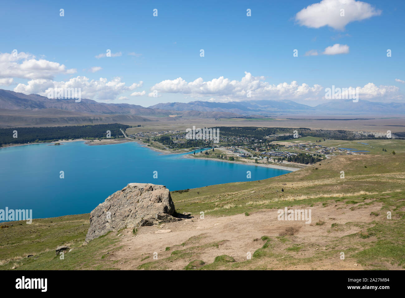Panoramic view of the town Lake Tekapo and observatory in the South Island of New Zealand Stock Photo