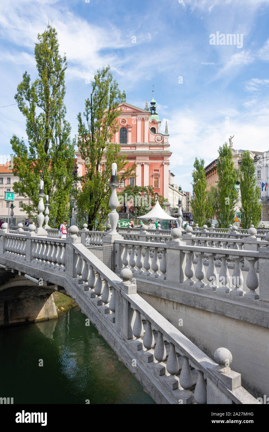 Three Bridges across Ljubljanica River and Preseren Square, Old Town, Ljubljana, Slovenia Stock Photo