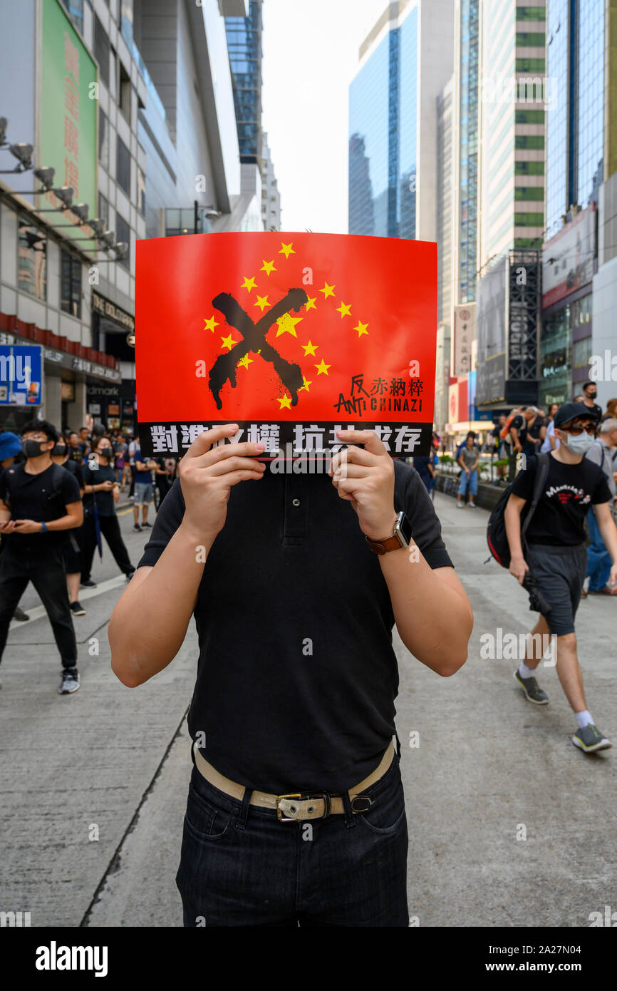 October 1 2019 Hong Kong Protests.  On October 1 thousands of Hong Kong people from all walks of life participated in an unauthorized peaceful protest walking from Causeway Bay to Shuen Wan on Hong Kong Island. Stock Photo