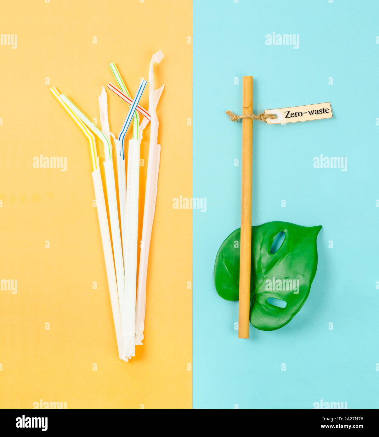 Choice between one time use plastic straw and natural bamboo straw