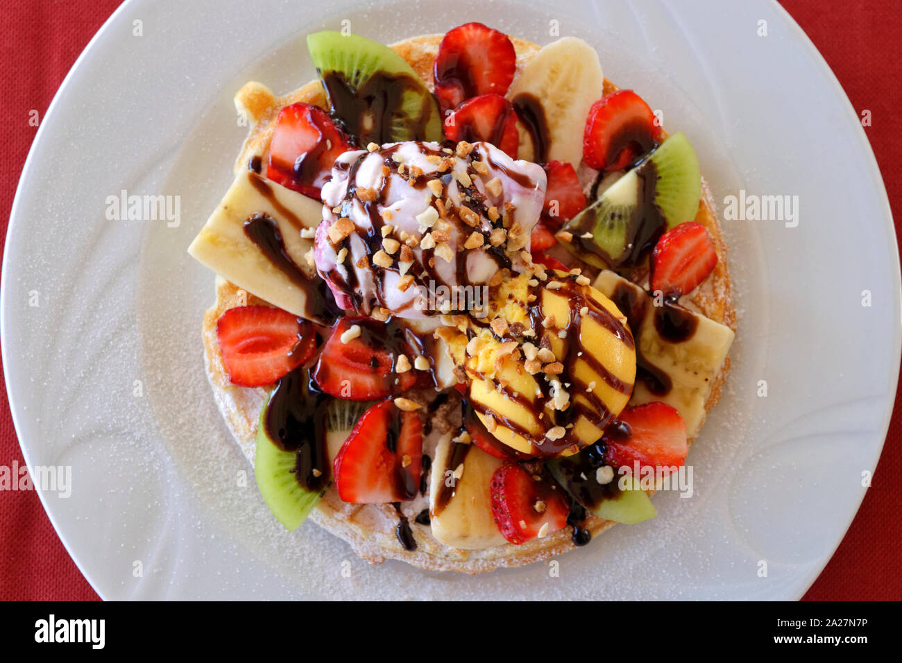 Ice Cream and Fruit Waffle. Stock Photo