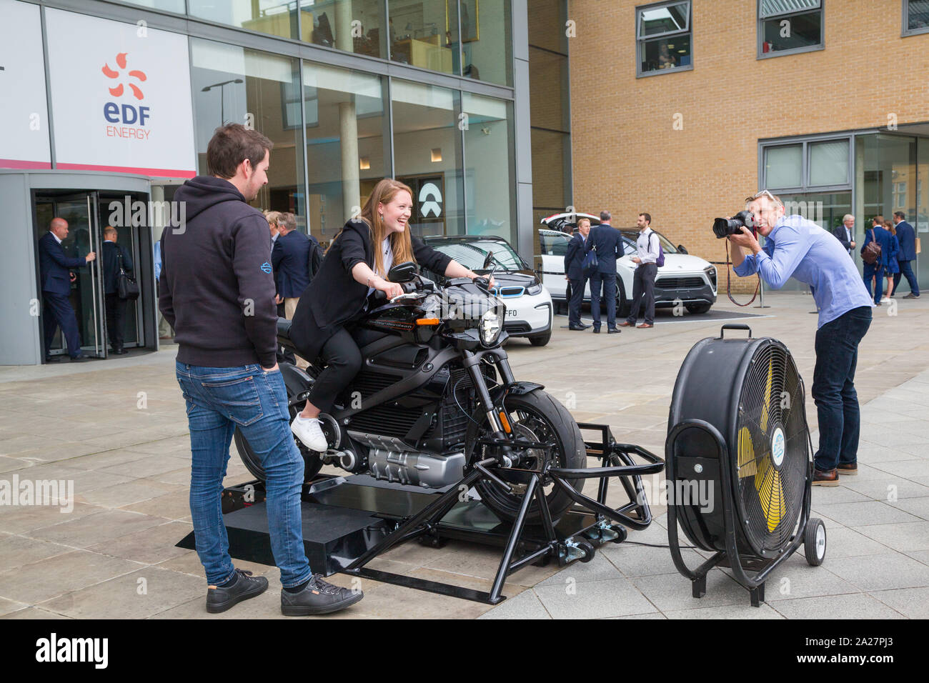 A Harley-Davidson Livewire electric motorbike or motorcycle being demonstrated at the Oxford EV Summit 2019 for electric vehicles. Stock Photo