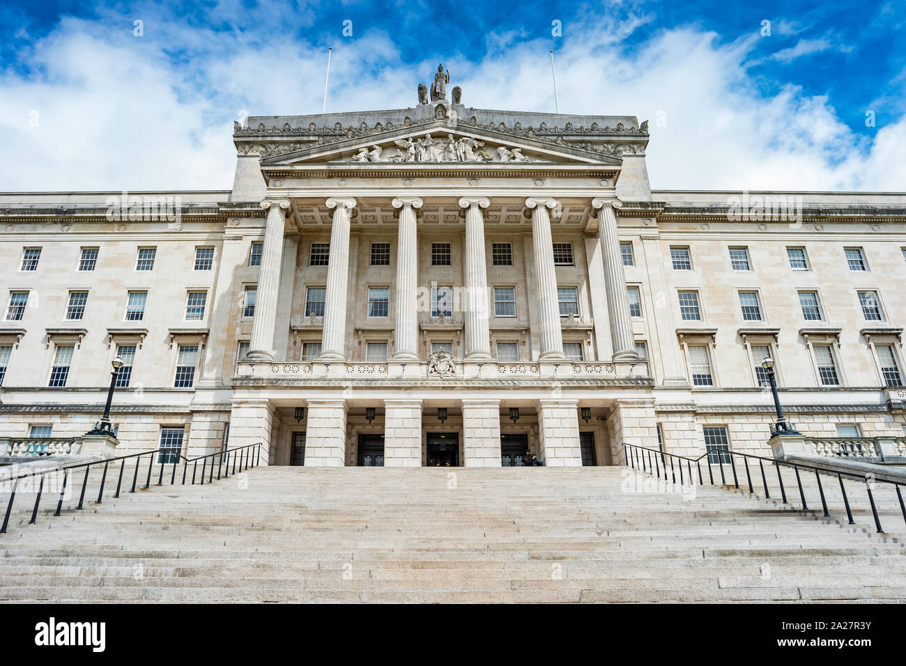 The facade of the Parliament Buildings in Belfast Northern Ireland, United Kingdom. Stock Photo
