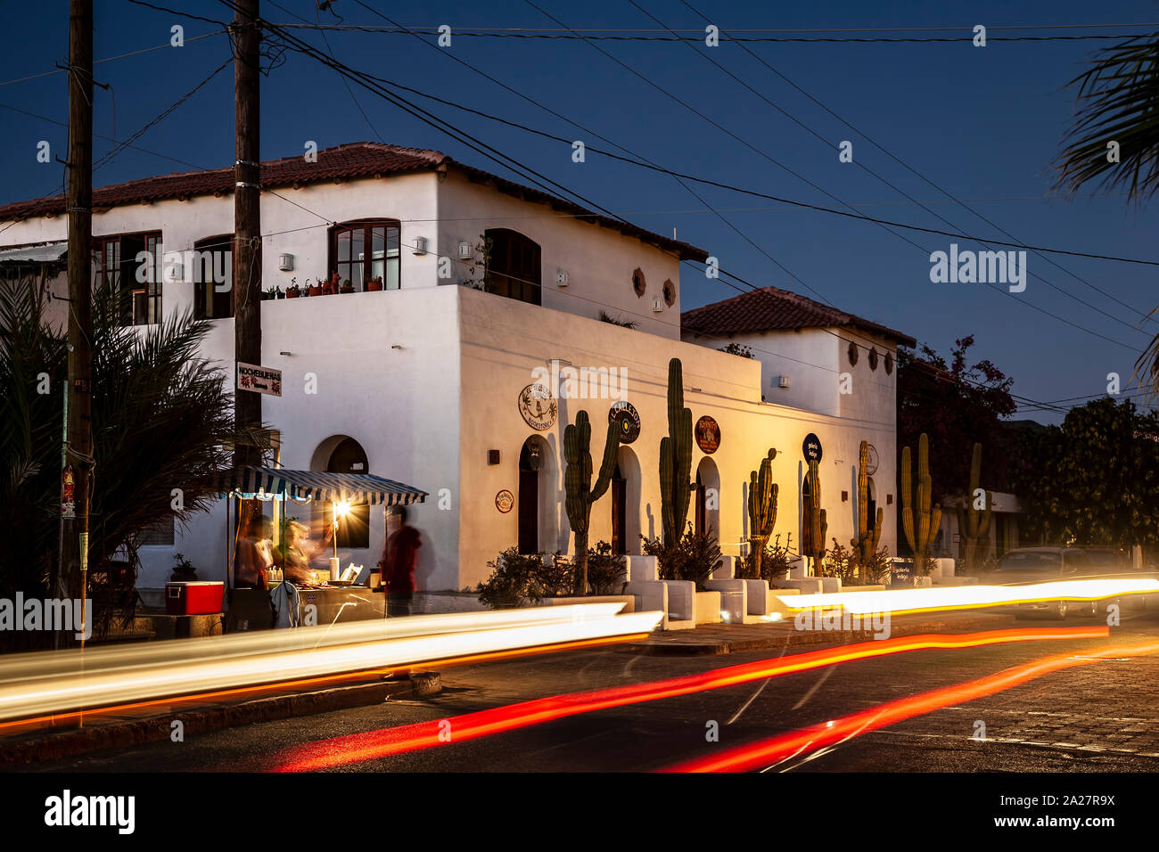 Taco stand, shops and light streaks, Todos Santos, Baja California Sur