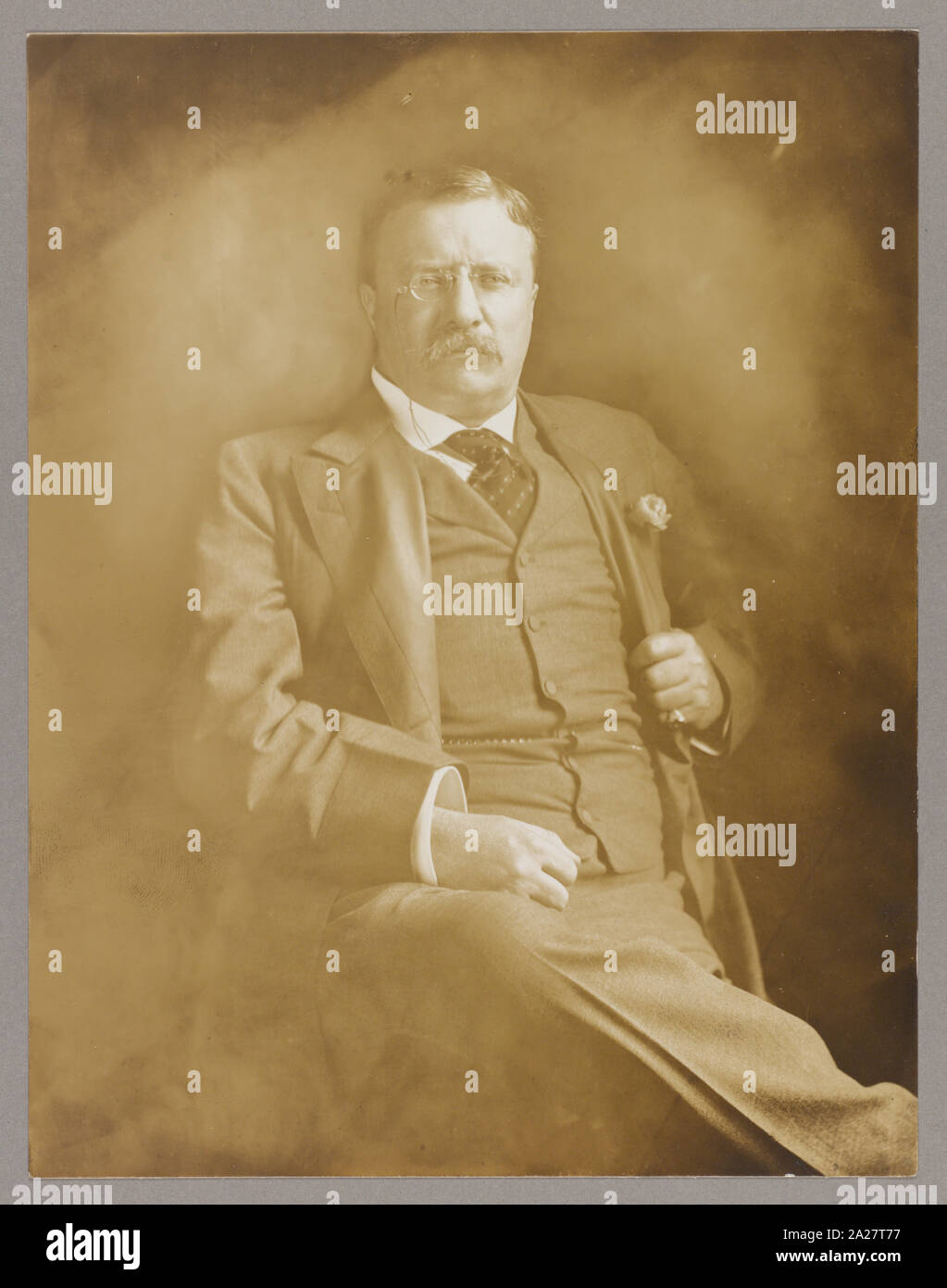 PresidentTheodore Roosevelt, three-quarter length portrait, seated, facing front, hand gripping jacket lapel Stock Photo