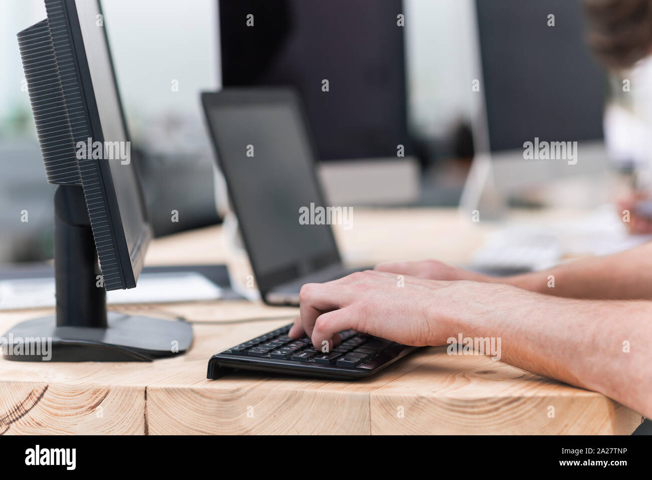 close up. businessman working on a personal computer Stock Photo