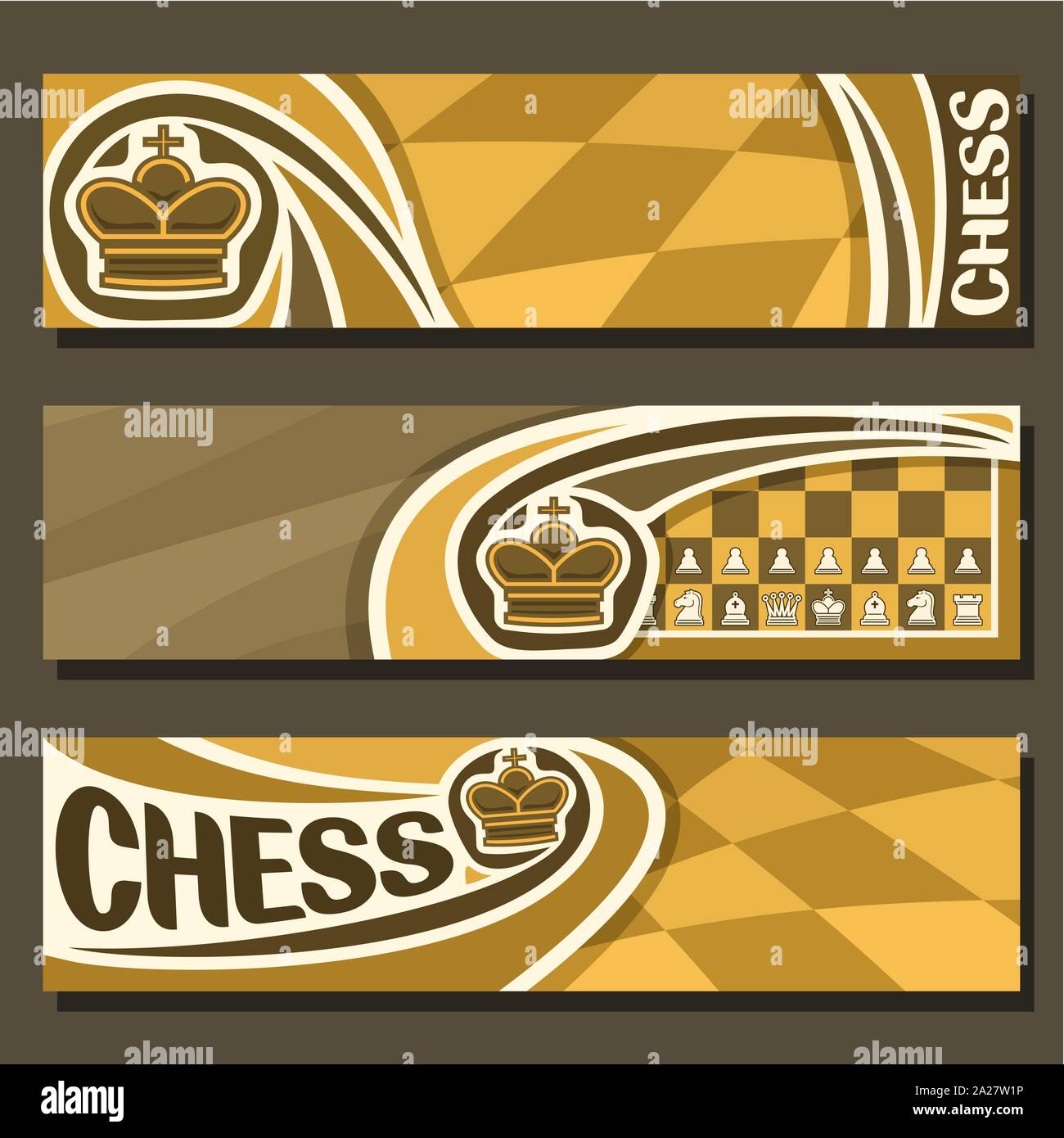 Vector banners for Chess game with copy space, in layouts headers yellow & brown curved checkerboard squares for title on chess theme, original font f Stock Vector