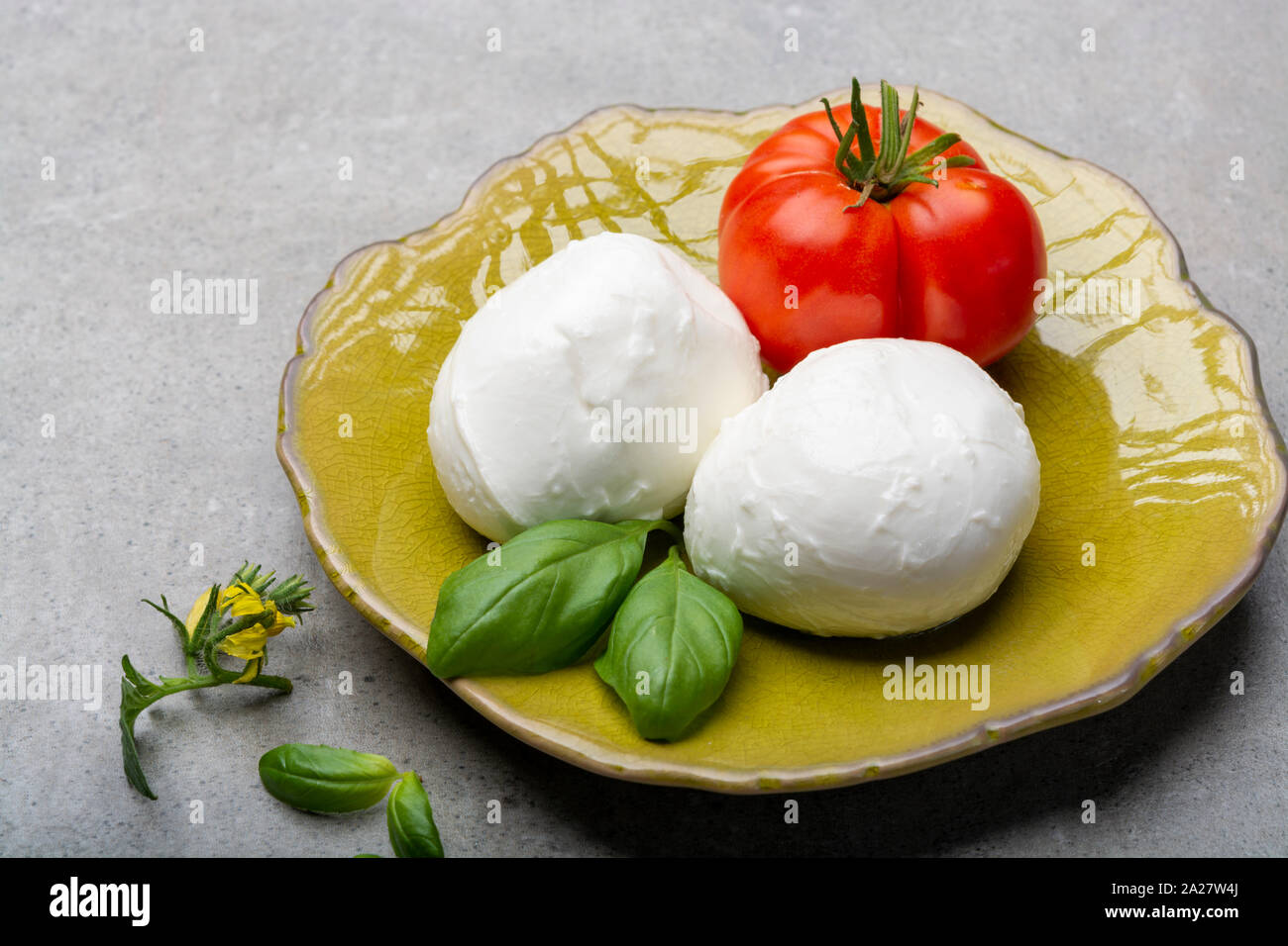 Cheese collection, Italian soft white cheese mozzarella in balls with tomato and basil Stock Photo