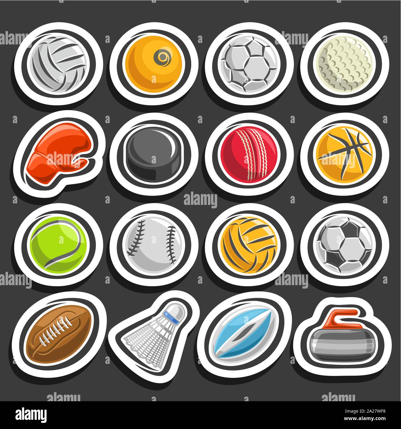 Vector set of Sports Balls, collection of sporting and gaming equipment, balls of different kinds of sports, boxing glove, ice hockey puck, badminton Stock Vector