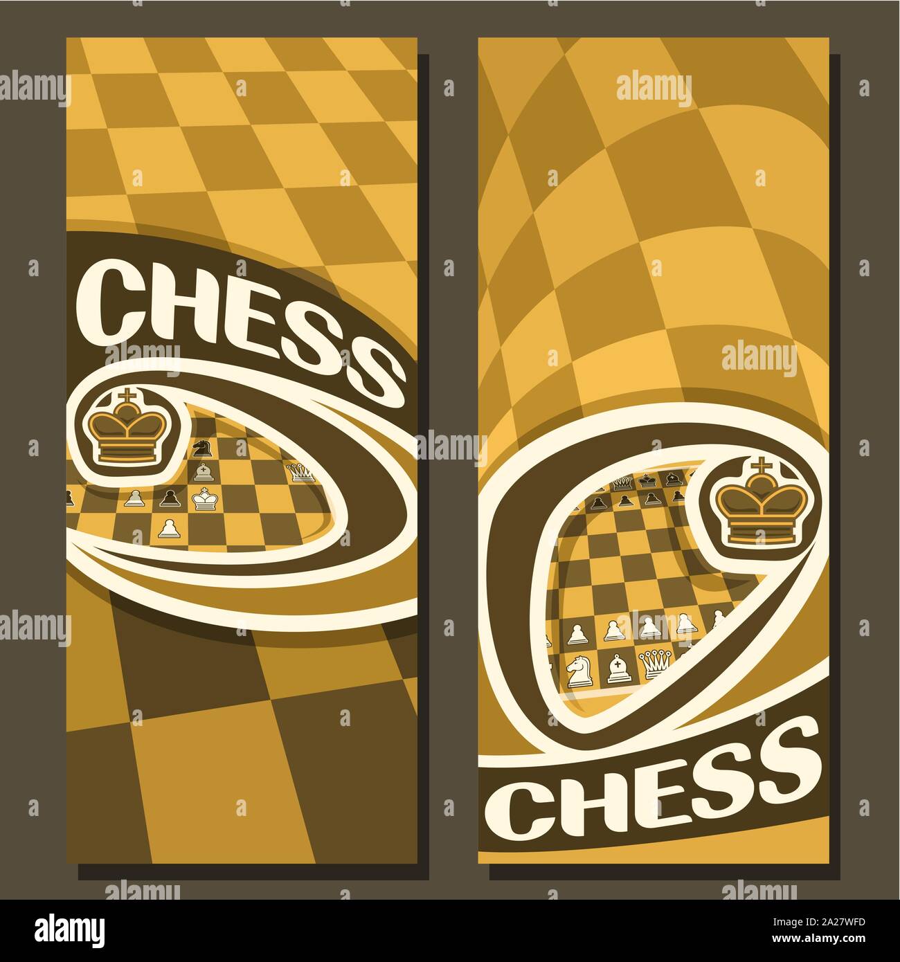 Vector vertical banners for Chess game with copy space, in layouts yellow & brown curved checkerboard squares for title on chess theme, original font Stock Vector
