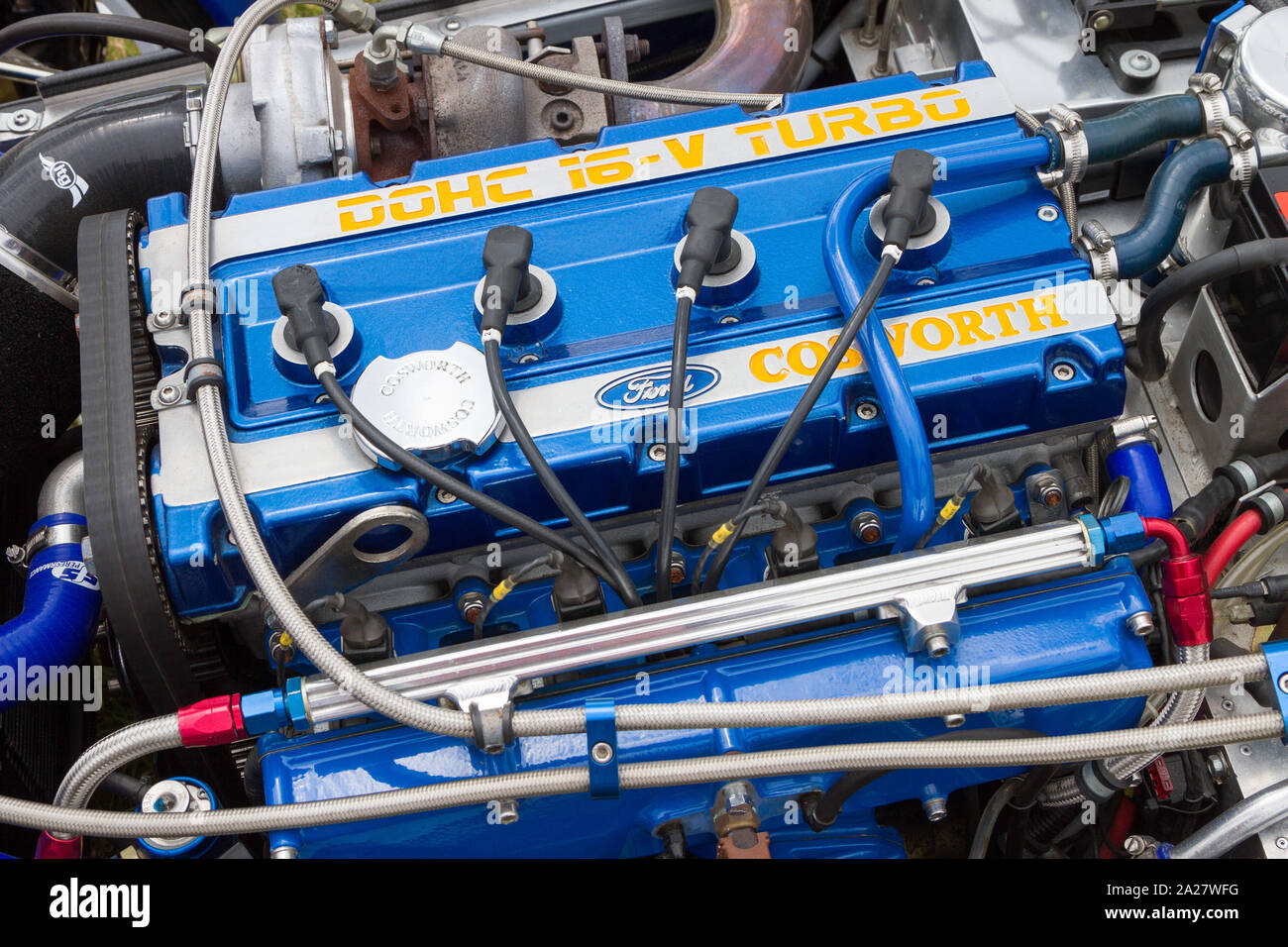 A beautifully restored DOHC 16V Turbo blue and chrome Ford Cosworth engine Stock Photo